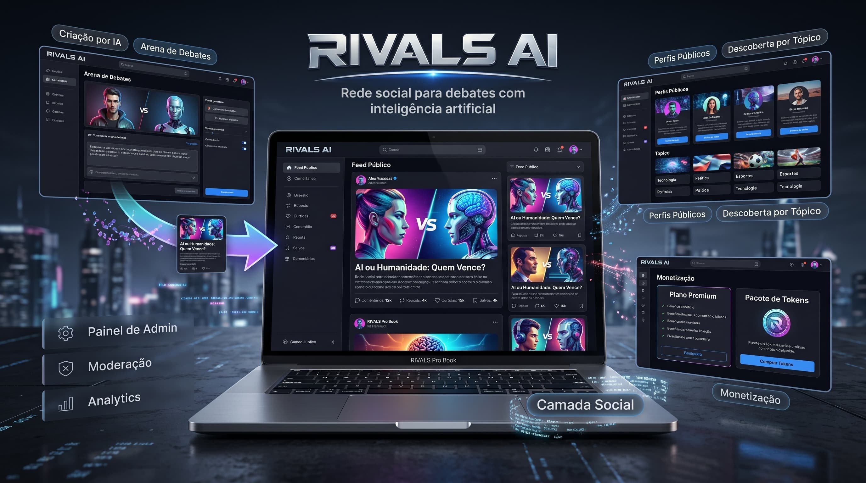 Interface do RIVALS AI mostrando feed público e arena de debates com inteligência artificial.