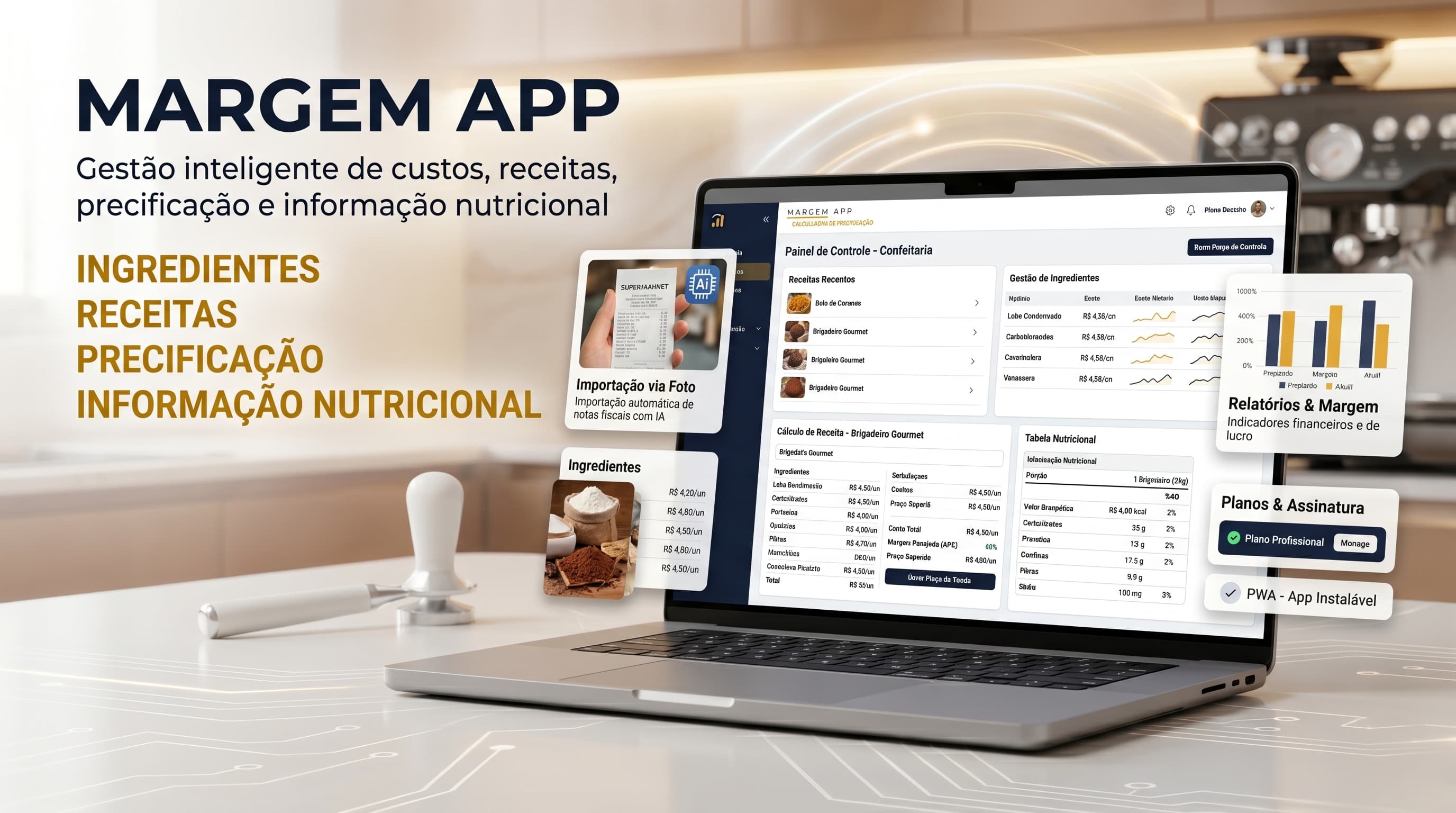 Interface do Margem App com módulos de ingredientes, receitas, precificação e tabela nutricional.